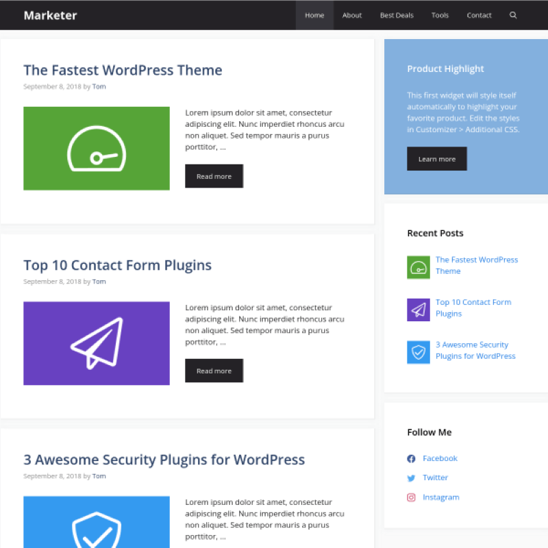 Screenshot of a marketing blog layout featuring various articles and a sidebar.