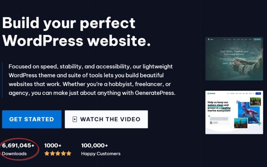 Overview of the GeneratePress WordPress theme with download statistics and user ratings.