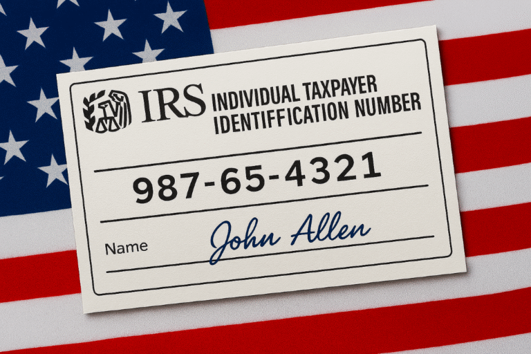 Conceptual illustration of an IRS ITIN document placed on an American flag, featuring a mock ITIN number, IRS logo, and a sample signature.