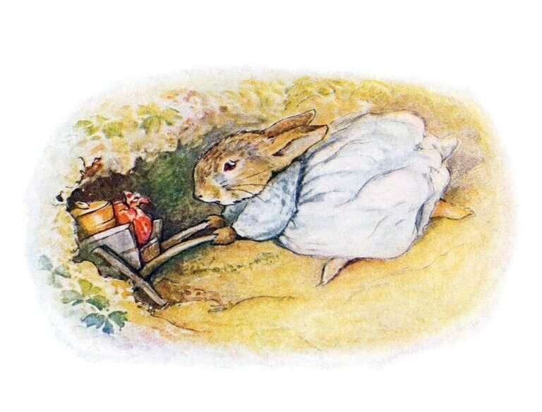 a female rabbit, wearing a dress, goes into a burrow, pushing a wheelbarrow filled with her belongings