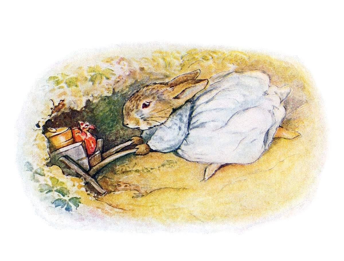 a female rabbit, wearing a dress, goes into a burrow, pushing a wheelbarrow filled with her belongings