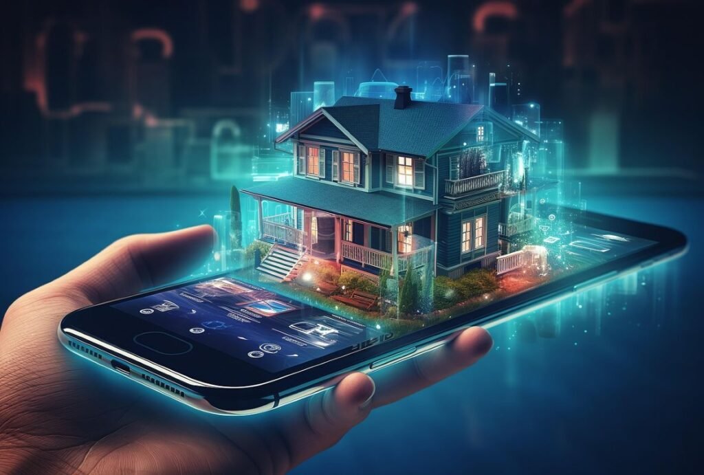 A smartphone displaying a digital model of a house with various smart home features and icons.