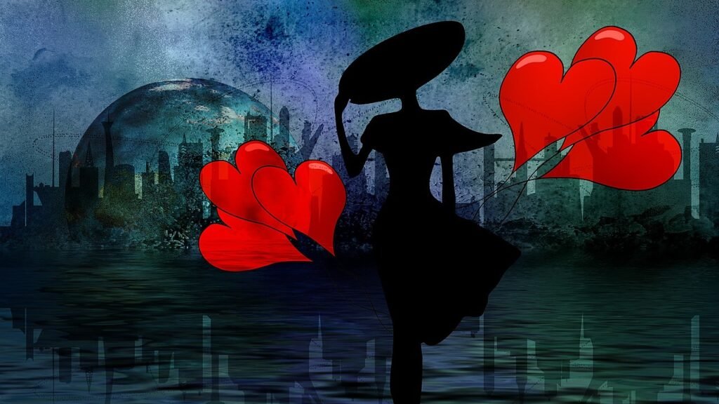 Silhouette of a woman holding red heart-shaped balloons against an abstract background.