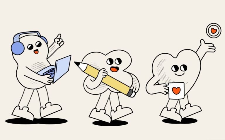 Cartoon characters holding a laptop and a pencil, drawn in a colorful and playful style.