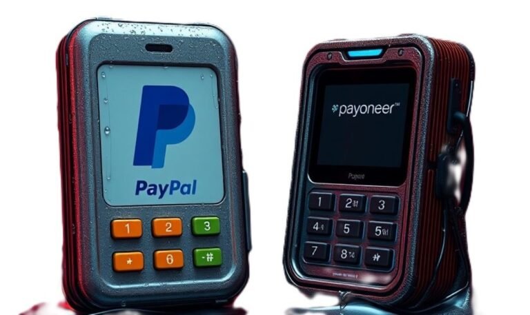 3D render of weathered PayPal and Payoneer terminals on wet metallic surface with garnet background