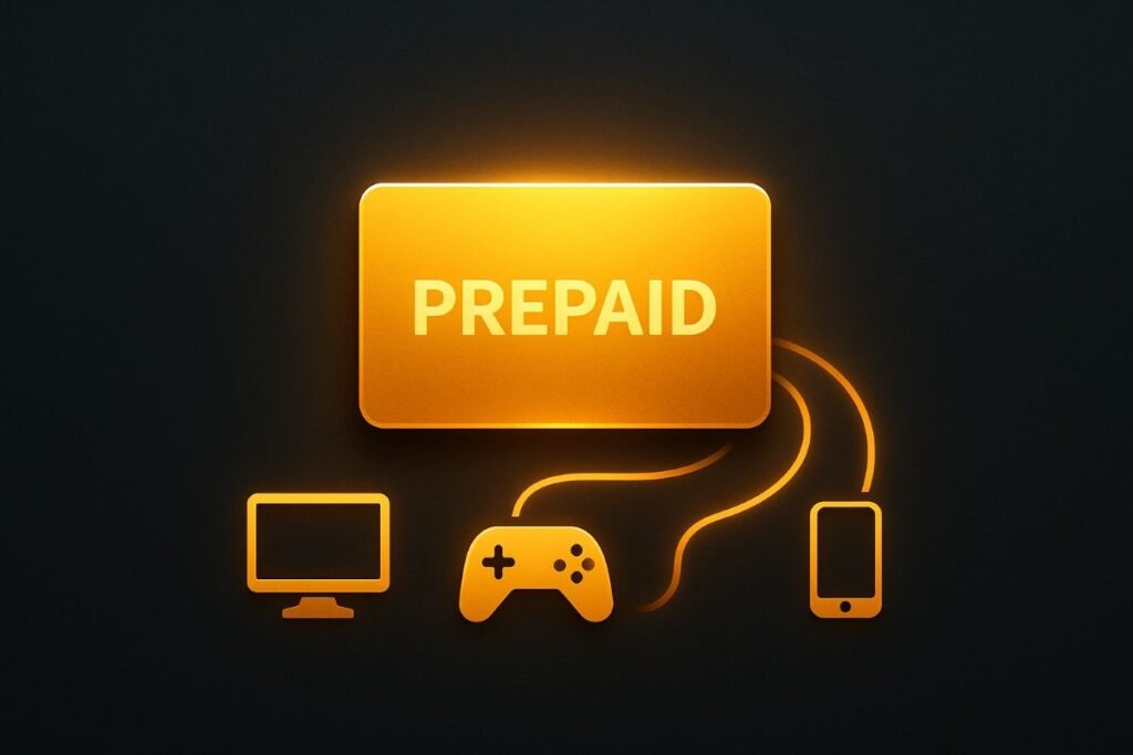 Prepaid card graphic with the word 'PREPAID' and icons of a computer, game controller, and smartphone.