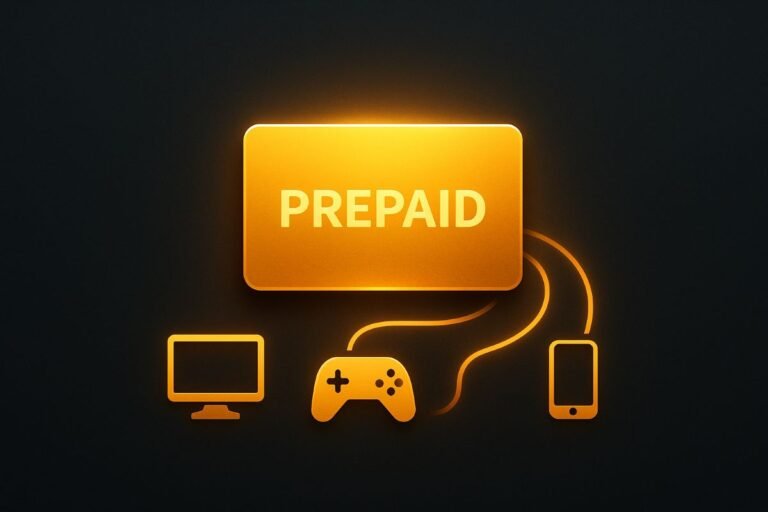 An orange prepaid card with the word 'PREPAID' and icons of a computer, game controller, and smartphone.