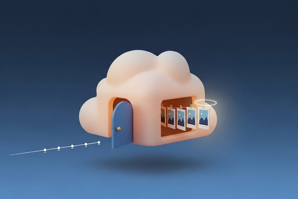 3D illustration of a cloud storage icon with images hanging from it and a door.