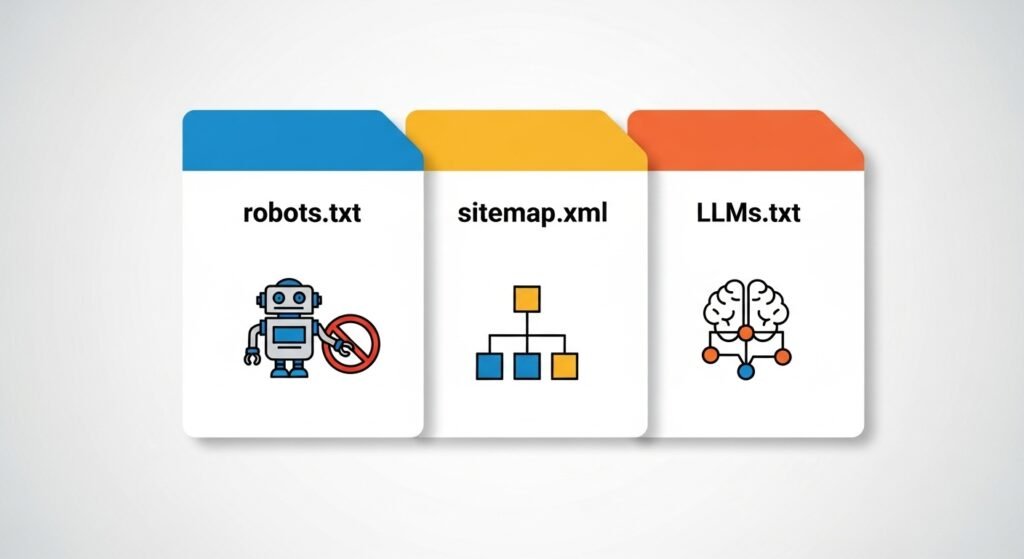 Three file icons labeled 'robots.txt', 'sitemap.xml', and 'LLMs.txt' with corresponding illustrations of a robot, a flowchart, and a brain.