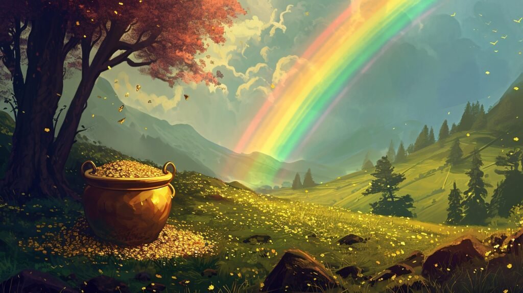 A golden pot filled with coins sits on a grassy field under a rainbow, surrounded by trees and mountains in a vibrant landscape.