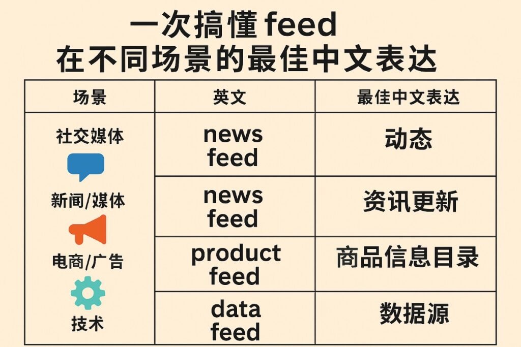 Table displaying the term 'news feed' in various contexts, including social media, news/media, advertising, and technology, with corresponding Chinese translations.