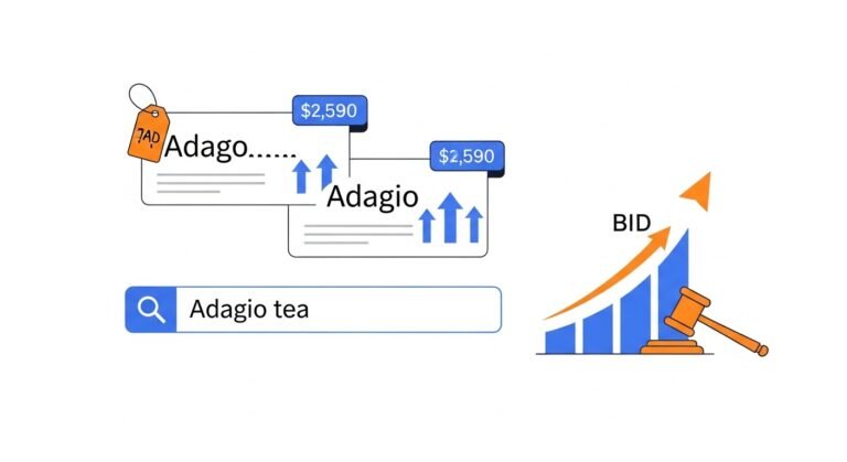 Illustration depicting trademark bidding limits with a search bar for 'Adagio tea' and a graph showing increasing bid amounts.
