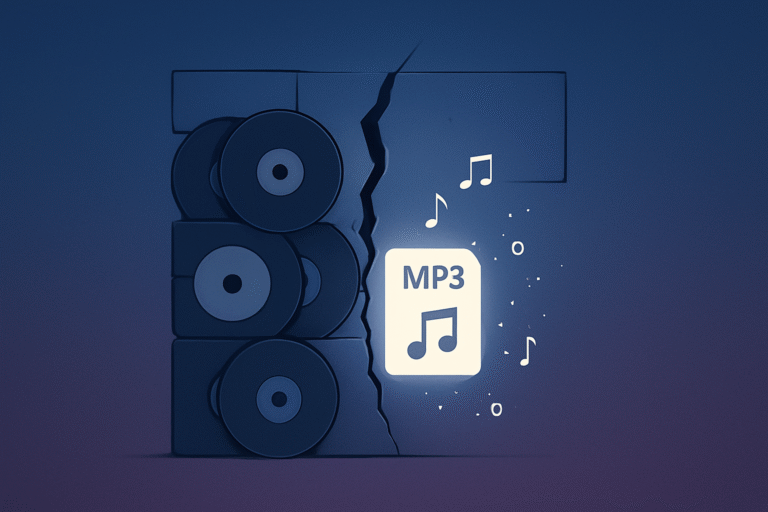 Illustration of stacked vinyl records with a cracked surface revealing an MP3 file icon and musical notes.