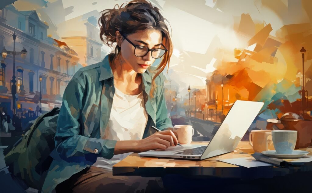 Woman with glasses working on a laptop while holding a cup, seated at a table in an artistic urban setting.