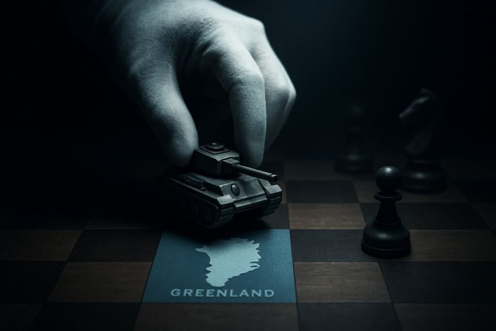 A gloved hand placing a toy tank on a chessboard with a map of Greenland, alongside a chess knight and pawn.