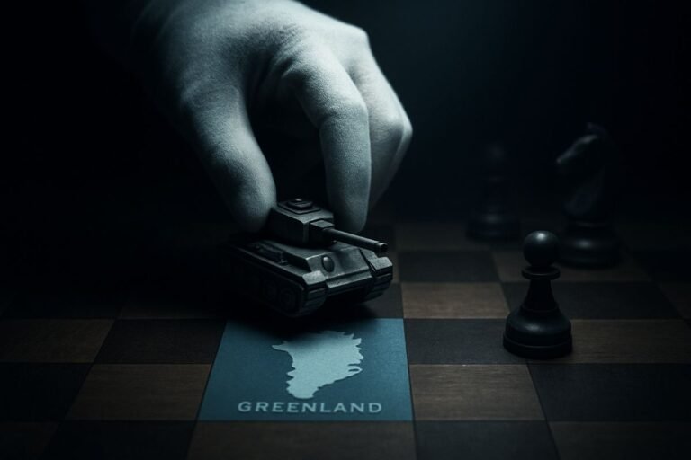 A gloved hand placing a toy tank on a chessboard with a map of Greenland, alongside a chess knight and pawn.