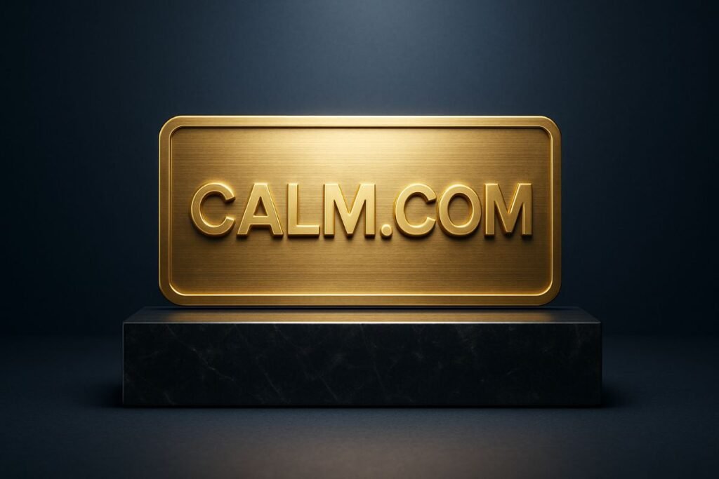 Gold plaque with the text 'CALM.COM' displayed on a dark pedestal against a neutral background.