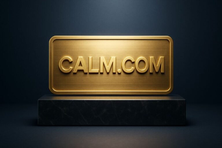 Gold plaque with the text 'CALM.COM' displayed on a dark pedestal against a neutral background.