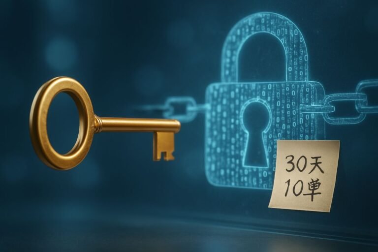 Golden key in front of a digital padlock with a sticky note reading '30天10单' attached to it.
