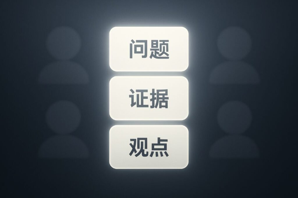 Three illuminated buttons displaying Chinese characters for 'Problem', 'Evidence', and 'Perspective' against a dark background.