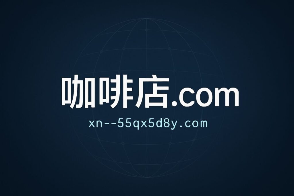 Domain name representation for a coffee shop, featuring the text '咖啡店.com' and its Punycode equivalent 'xn--55qx5d8y.com'.