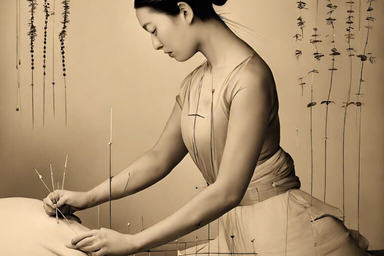 A woman performing acupuncture with needles positioned on a person's back, captured in a monochromatic style.