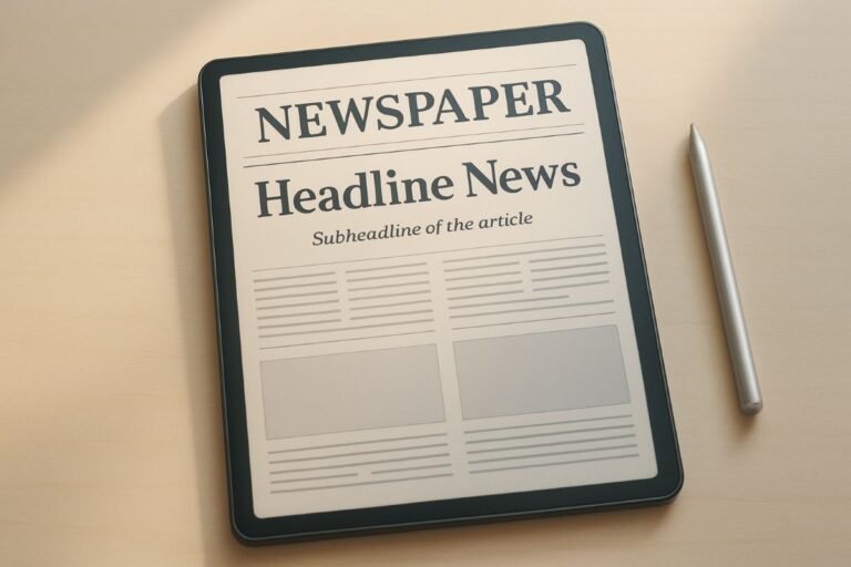 Digital tablet displaying a newspaper layout with the title 'NEWSPAPER', a headline, and a subheadline on a wooden surface.
