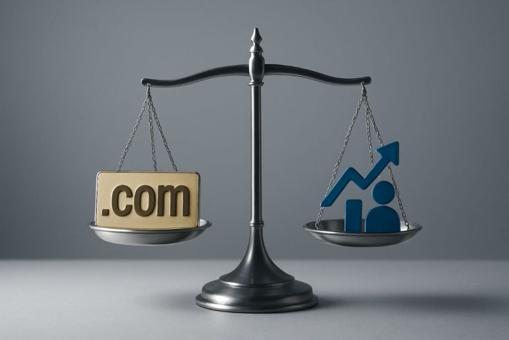 A balance scale with a gold '.com' domain name on one side and a blue upward trending graph icon on the other side.