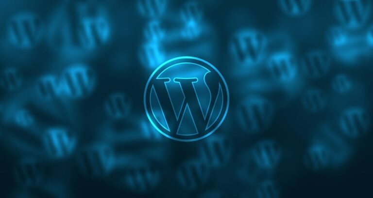 WordPress logo displayed in a blue gradient background with multiple faint instances of the logo in the backdrop.