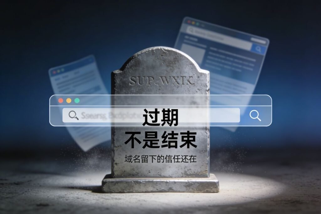 A weathered gray tombstone engraved with expired domain trust remains stands under a blue-tinged backdrop, with faint browser windows in the background; Google, Earnabc and knowledge monetization themes echo in the scene.