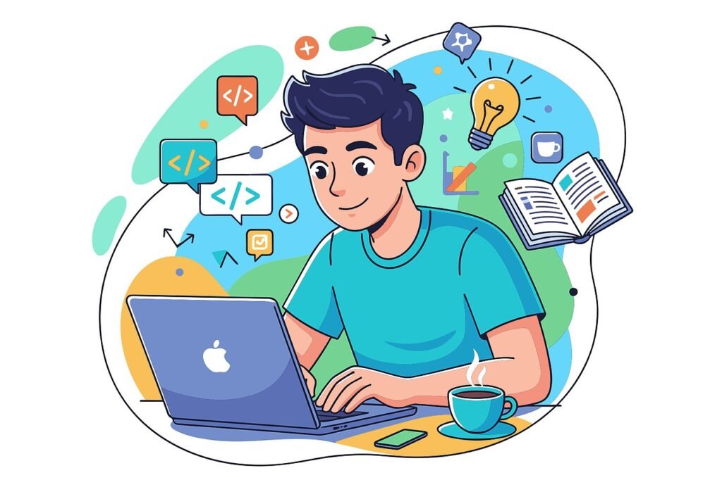 Illustration of a person coding on a laptop with floating icons, a book, and a cup of coffee, representing Learn to Earn and Sole Proprietor concepts in an educational context.