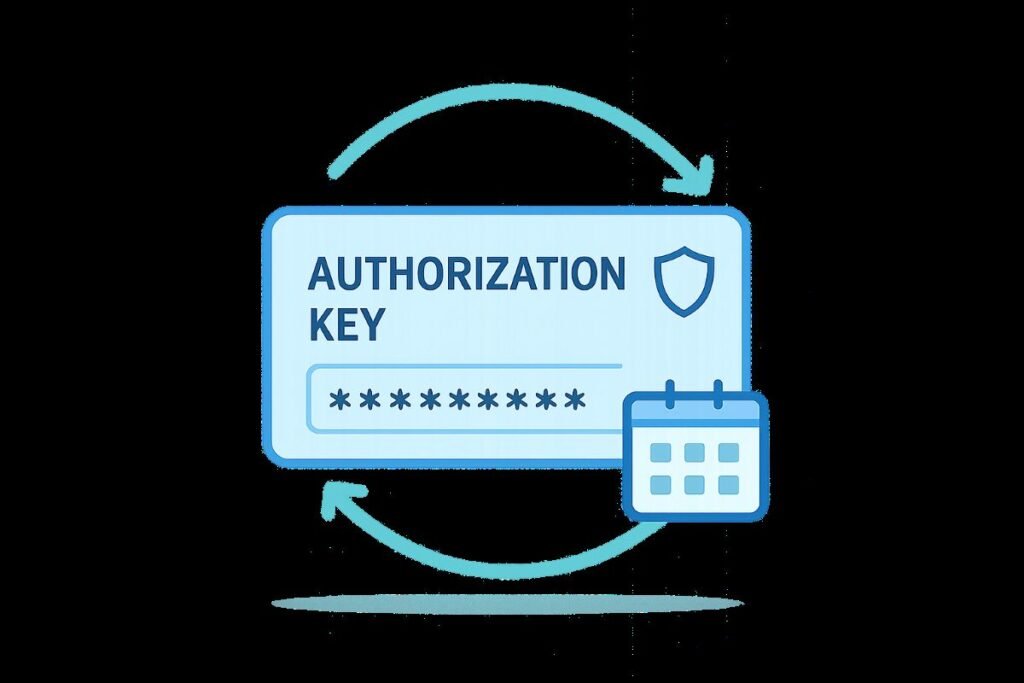 Lemon Squeezy authorization key graphic in blue tones with a shield, circular arrows and calendar motif, emphasizing secure licensing and access control for digital products.