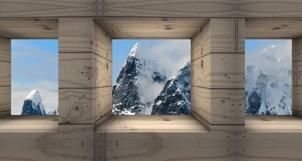 Wooden framed openings revealing snowy mountain peaks in a three-panel view, a serene, niche-inspired scene suitable for Learn to Earn and earnabc.