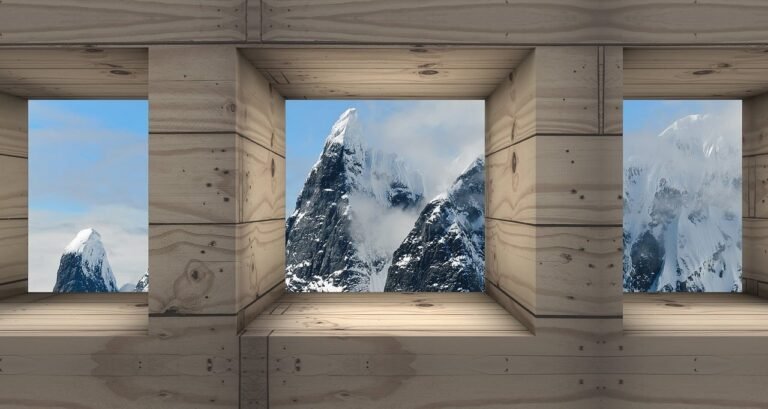 Wooden framed openings revealing snowy mountain peaks in a three-panel view, a serene, niche-inspired scene suitable for Learn to Earn and earnabc.