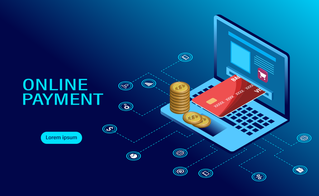 Isometric illustration of online payment with a laptop, a credit card inserted into a reader, and stacked coins, highlighting Visa and Mastercard as part of a secure digital payment gateway for ecommerce.