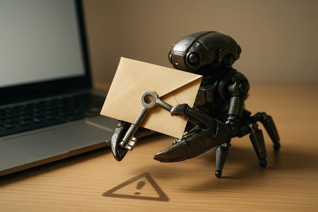 OpenClaw robotic assistant in black metallic finish holding a beige envelope beside a laptop, illustrating AI automation and local deployment themes surrounding digital workers.