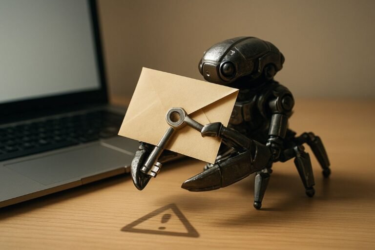 OpenClaw robotic assistant in black metallic finish holding a beige envelope beside a laptop, illustrating AI automation and local deployment themes surrounding digital workers.