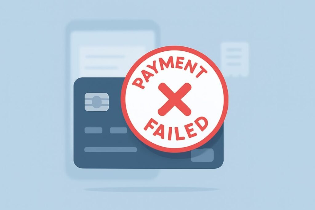 Online payment failure illustration with a dark blue credit card and a red 'Payment Failed' stamp on a light blue background, representing a declined transaction in payment gateway workflows.