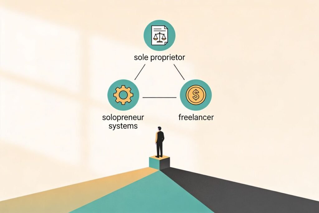 Diagram illustrating Sole Proprietor, Solopreneur and Freelancer arranged in a teal-trimmed triangle with icons, and a lone figure at the base beneath.