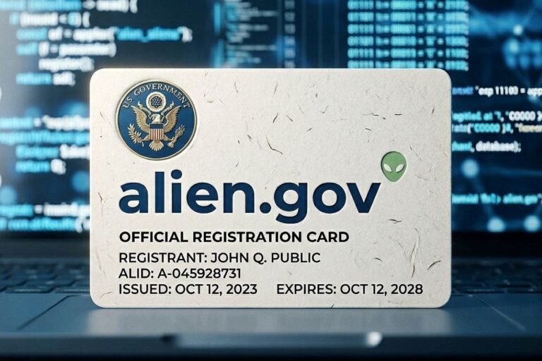 White official registration card featuring the US Government seal and alien.gov branding, with alien icon, registrant John Q. Public, ALID A-045928731, issued Oct 12, 2023.