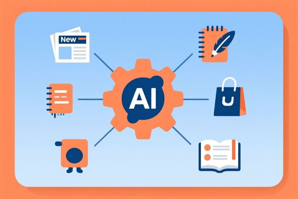 An orange and blue AI gear illustration connecting article title, content generation, and WordPress Automatic Plugin prompts for posts and articles.