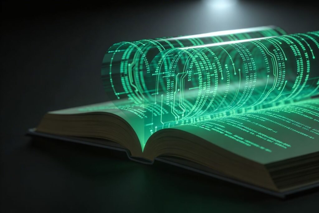 Open book with a neon green holographic circuitry overlay illustrating open-source concepts, mentioning GPL, Linux, and Richard Stallman in a tech education context.