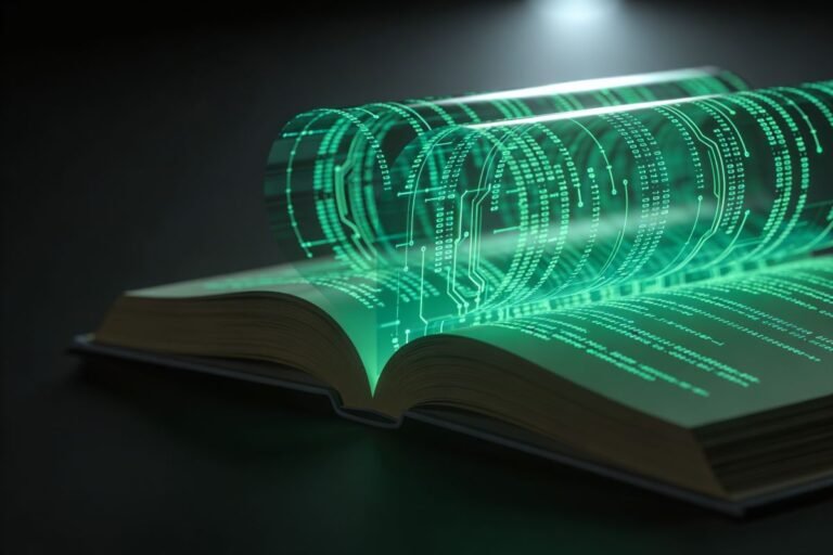 Open book with a neon green holographic circuitry overlay illustrating open-source concepts, mentioning GPL, Linux, and Richard Stallman in a tech education context.