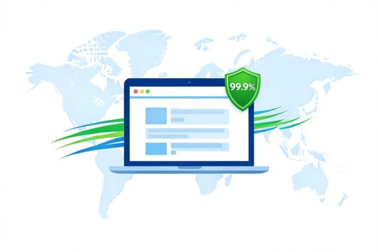 Graphic featuring Hostinger branding: a blue laptop over a world map with a green 99.9% shield, emphasizing WordPress and LiteSpeed performance and reliability.
