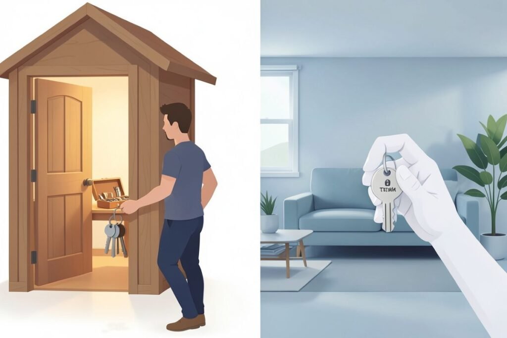 Illustration showing WordPress.org vs WordPress.com concepts: a man with keys at a wooden door on the left and a gloved hand holding a key in a light blue living room on the right, with WordPress names implied.