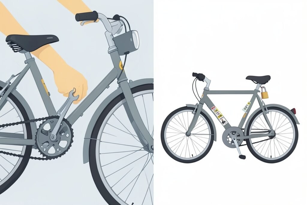 Illustration of a gray bicycle split into two panels, symbolizing WordPress.org vs WordPress.com differences, featuring stickers and a padlock on the seat rail.
