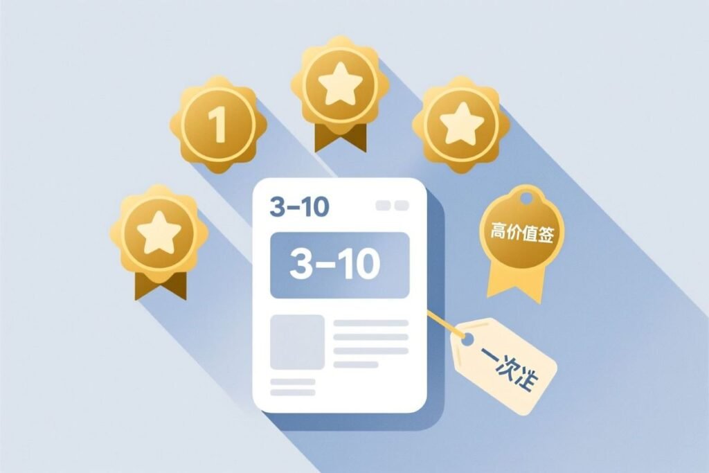 Gold badges and a tag icon with “3-10” on a blue panel, supporting WordPress tag management for improved website user experience strategies.