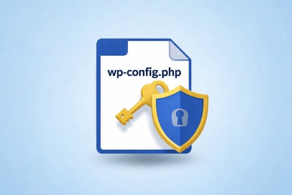 wp-config.php file icon with a blue shield lock, illustrating secure WordPress API key storage for OpenAI integrations and safer configuration management.