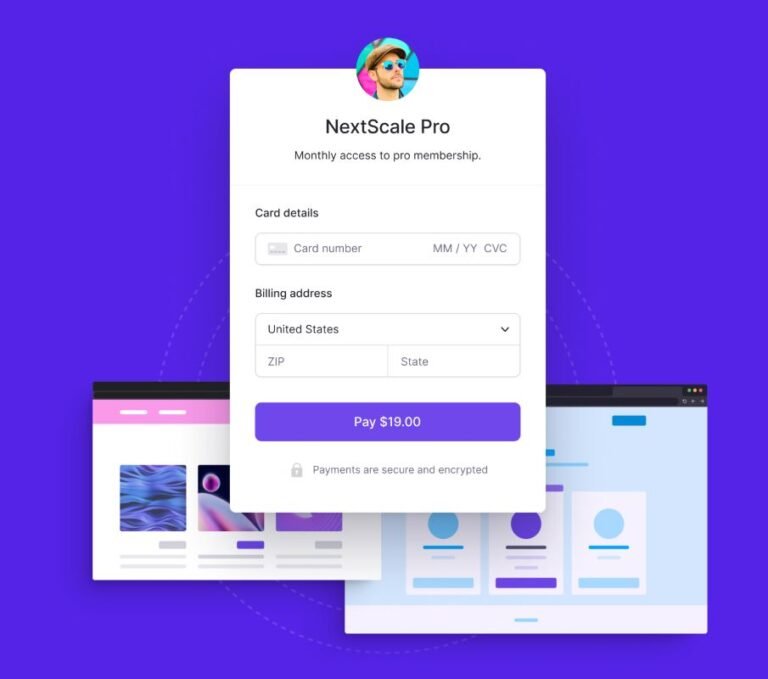 紫色背景上浮着一个 Checkout Overlay 结账弹窗，标题为 NextScale Pro，包含信用卡号、账单地址和 Pay $19.00 按钮，后方页面略微暗化。