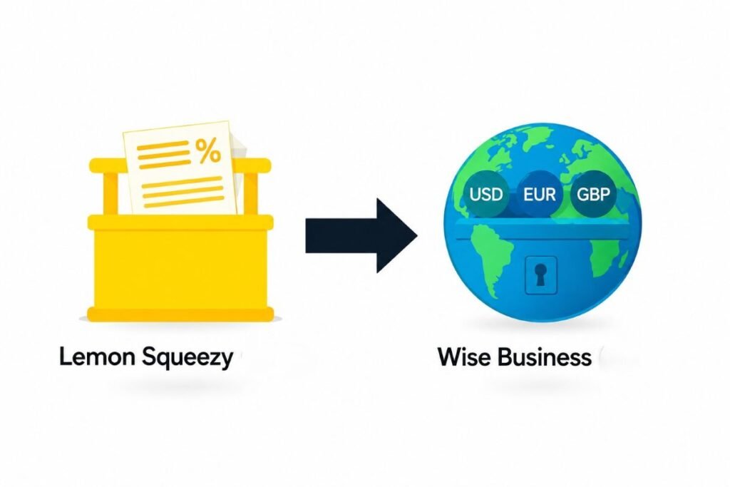 Blue Wise Business globe with USD, EUR and GBP circles points toward the yellow Lemon Squeezy box, illustrating international receipts and digital sales.